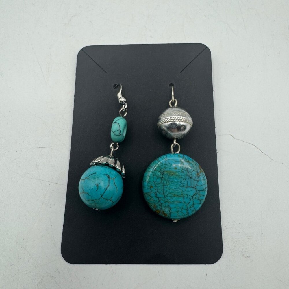 Turquoise & Silver-Tone Asymmetrical Dangling Earrings  Unique Boho Design